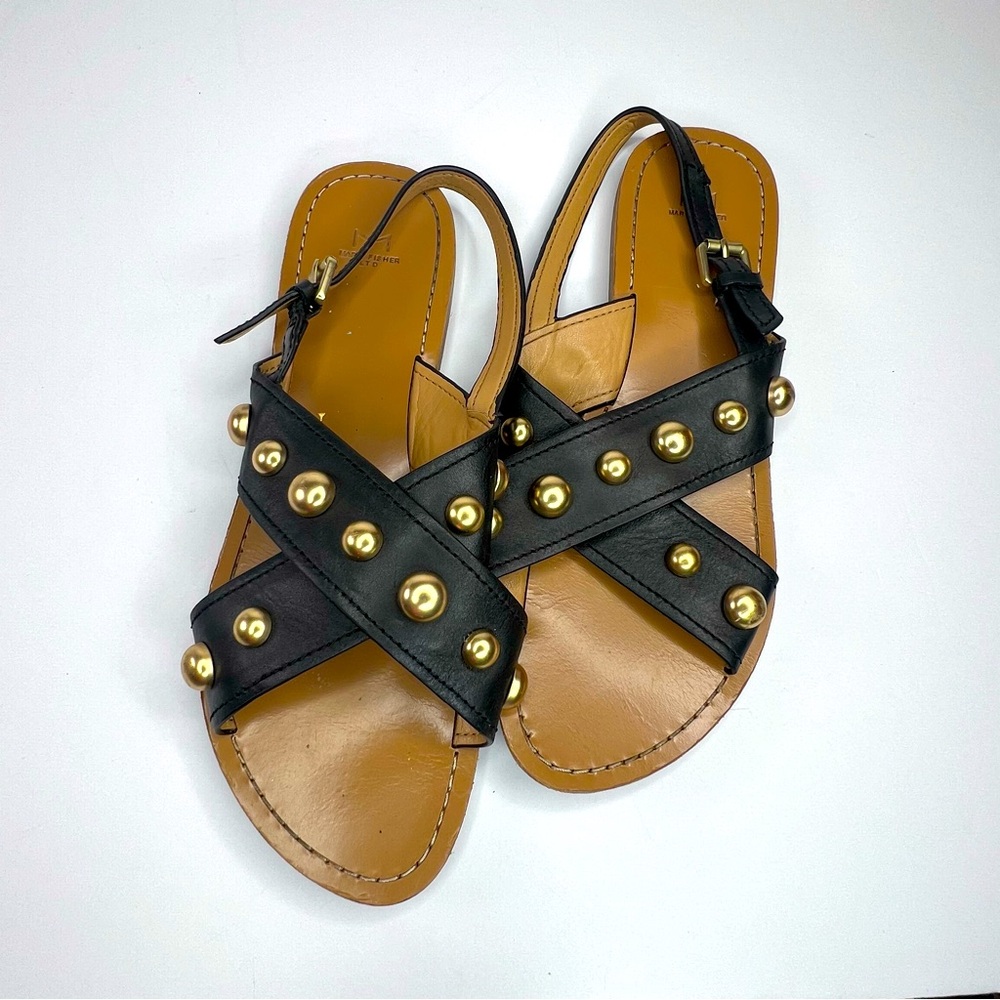 Marc Fisher Women’s Black Leather Sandals with Gold Metal Stud Accents Size 9.5